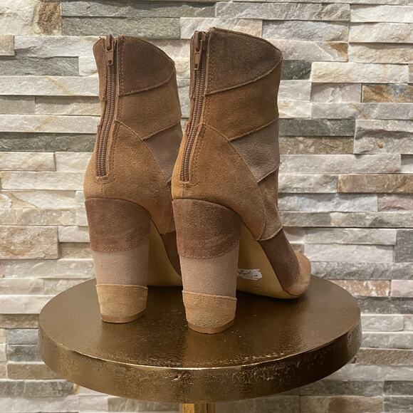 Torrid 7W Patchwork Heeled Booties | Leather Upper, Peep Toe, Neutral Suede - Picture 4 of 9